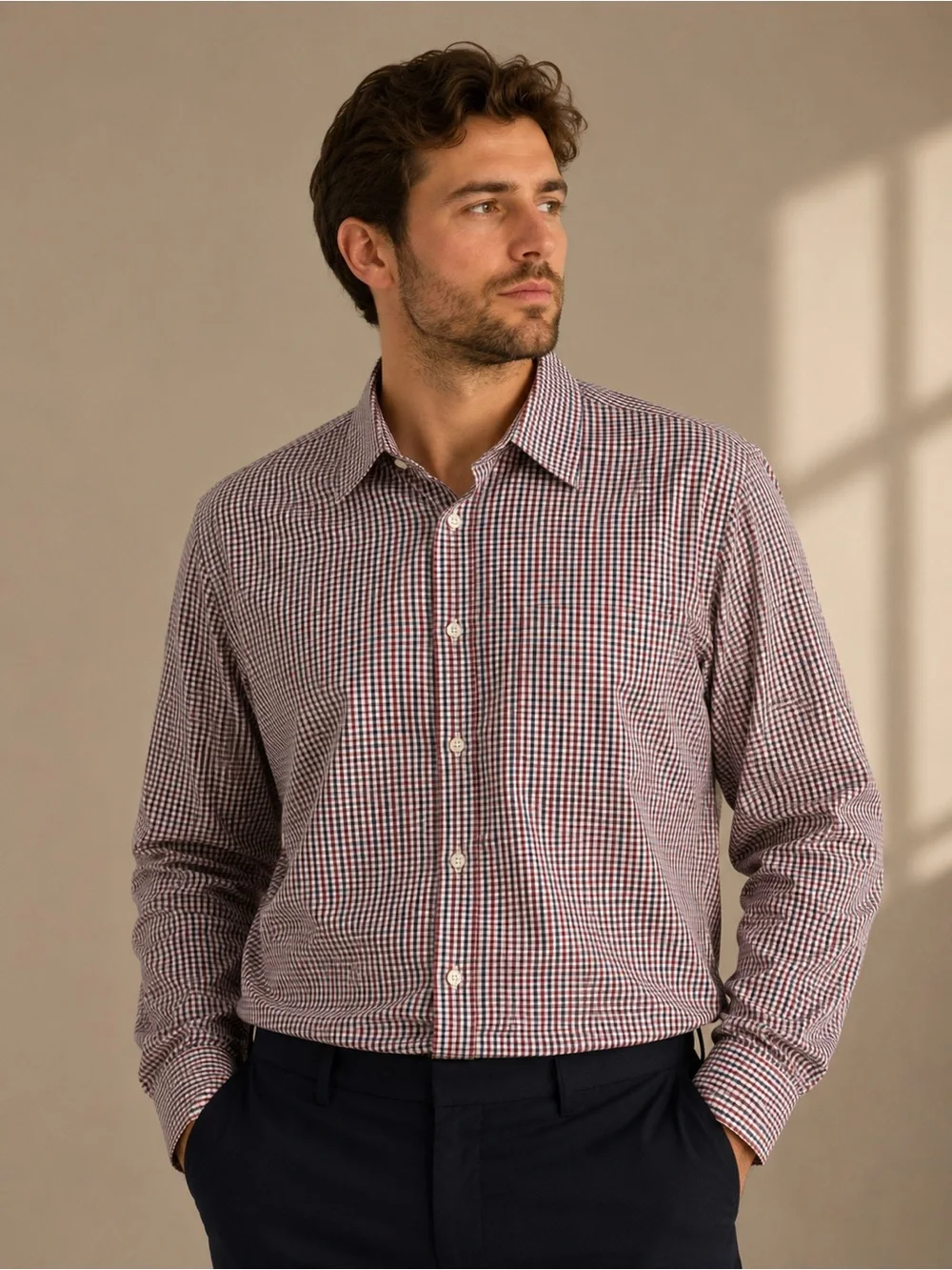 J. Crew Burgundy and Navy Micro-Check Button-Down Shirt